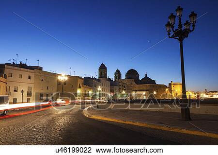 Stock Image - Spain, Andalusia, Cadiz, Cathedral de Cadiz in long exposure. Fotosearch