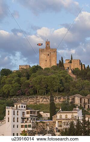 Spain, Andalusia, Granada, Palace of Alhambra on hill View Large Photo Image Picture - Spain, Andalusia, Granada, Palace of Alhambra on hill. Fotosearch