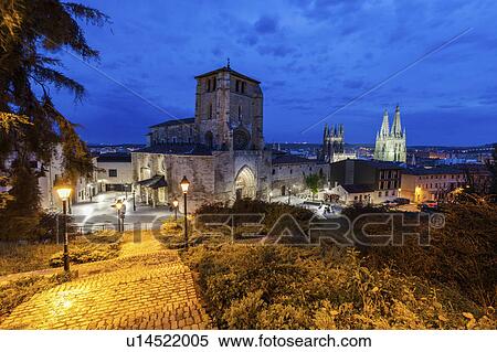 Stock Photography - Spain, Castile and Leon, Burgos, Illuminated San Esteban Church. Fotosearch