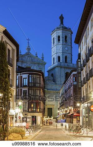 Spain, Castile and Leon, Valladolid, City street with Cathedral of Valladolid in background View Large Photo Image Stock Photograph - Spain, Castile and Leon, Valladolid, City street with Cathedral of Valladolid in background. Fotosearch