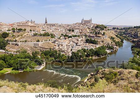 Stock Photo - Spain, Castile-La Mancha, Aerial view of Toledo. Fotosearch
