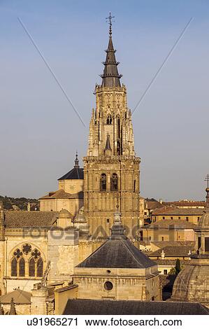 Stock Image - Spain, Castile-La Mancha, Toledo, Illuminated tower of Toledo Cathedral. Fotosearch
