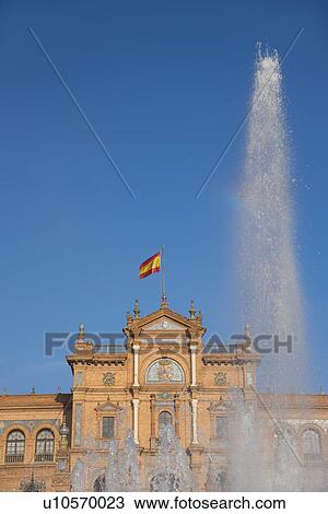 Stock Image - Spain, Seville, Fountain at Plaza De Espana. Fotosearch