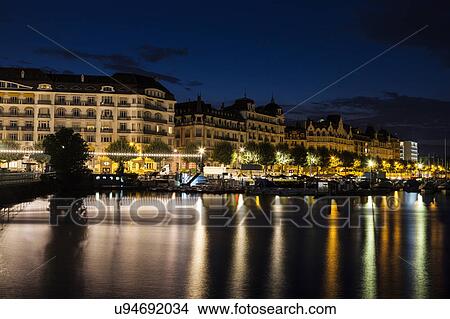 Picture - Switzerland, Geneva, Architecture of Geneva along Rhone River. Fotosearch