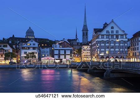 Stock Image - Switzerland, Zurich at night. Fotosearch