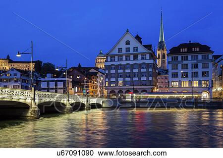 Switzerland, Zurich, Limmat River at night View Large Photo Image Stock Image - Switzerland, Zurich, Limmat River at night. Fotosearch