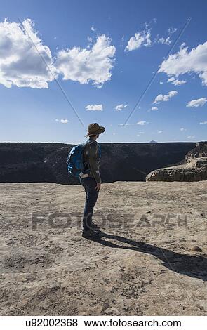 Stock Photo - USA, Colorado, Hiker looking at view on Petroglyph Trail in Mesa Verde National Park. Fotosearch