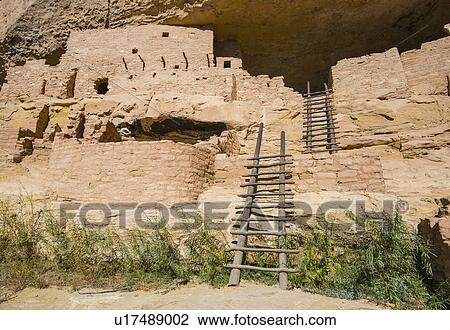 Stock Image - USA, Colorado, Ladders at Long House pueblo ruin in Mesa Verde National Park. Fotosearch