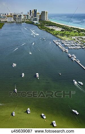 USA, Florida, Miami, Aerial view of bay of water and city buildings View Large Photo Image Stock Photo - USA, Florida, Miami, Aerial view of bay of water and city buildings. Fotosearch