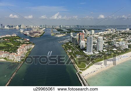 Stock Image - USA, Florida, Miami, Aerial view of city and canals. Fotosearch