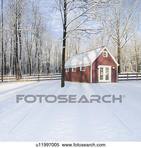 Stock Photography - USA, New Jersey, Cabin in snowy woods. Fotosearch