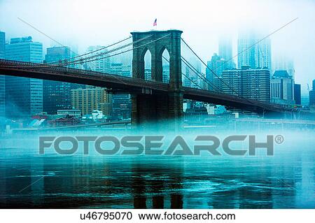USA, New York, New York City, Manhattan, Brooklyn Bridge over East River in fog View Large Photo Image Stock Image - USA, New York, New York City, Manhattan, Brooklyn Bridge over East River in fog. Fotosearch