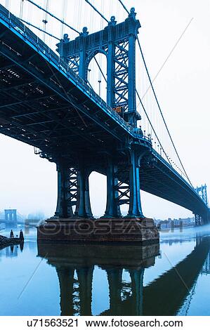 Stock Image - USA, New York, New York City, Manhattan, Brooklyn Bridge over East River. Fotosearch
