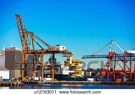 Stock Image - USA, New York State, New York City, Commercial dock. Fotosearch