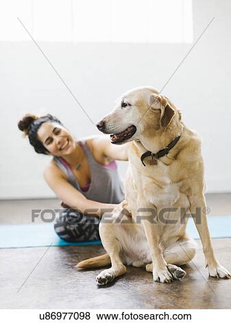 Woman practicing yoga with dog View Large Photo Image Stock Photo - Woman practicing yoga with dog. Fotosearch