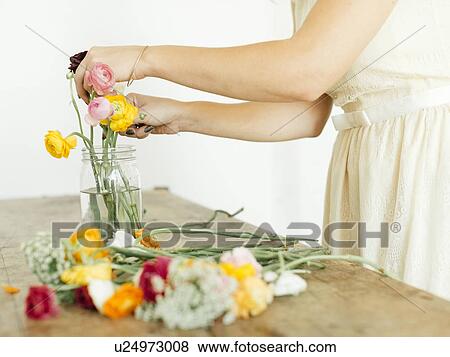 Woman putting flowers into jar View Large Photo Image Stock Photo - Woman putting flowers into jar. Fotosearch