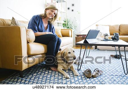Woman stroking Labrador Retriever in living room View Large Photo Image Picture - Woman stroking Labrador Retriever in living room. Fotosearch