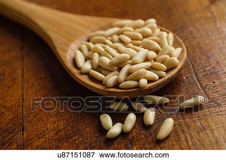 Wooden spoon full of pine nuts on table View Large Photo Image Stock Photo - Wooden spoon full of pine nuts on table. Fotosearch