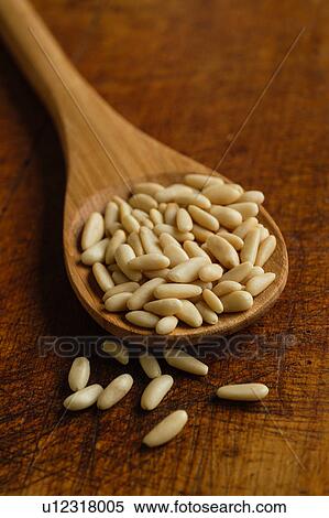 Stock Photography - Wooden spoon full of pine nuts on table. Fotosearch