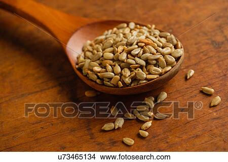 Wooden spoon full of sunflower seeds on table View Large Photo Image Picture - Wooden spoon full of sunflower seeds on table. Fotosearch