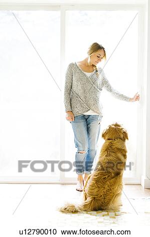 Young woman playing with golden retriever View Large Photo Image Stock Image - Young woman playing with golden retriever. Fotosearch