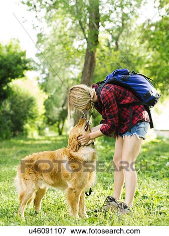 Young woman playing with golden retriever View Large Photo Image Stock Photo - Young woman playing with golden retriever. Fotosearch