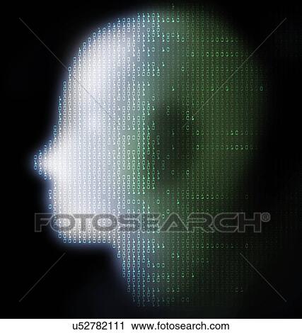 Stock Image - Artificial intelligence. Conceptual illustration of a human head overlaid with binary digits, representing artificial intelligence, the simulation of human intelligence by a machine. Binary numbers, which contain only 1 and 0, form the language of.... Fotosearch
