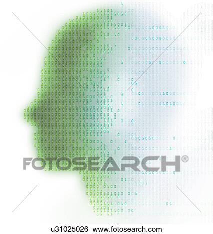 Stock Photograph - Artificial intelligence. Conceptual illustration of a human head overlaid with binary digits, representing artificial intelligence, the simulation of human intelligence by a machine. Binary numbers, which contain only 1 and 0, form the language of.... Fotosearch