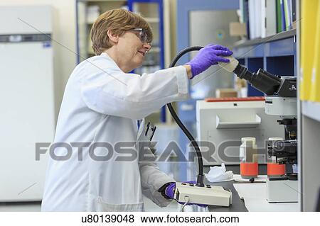 Stock Photo - Chemist capturing a digital image of a sample slide on a microscope.. Fotosearch