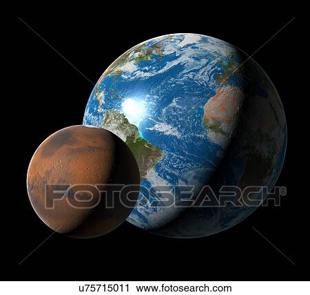 Stock Image - Earth compared to Mars. Fotosearch