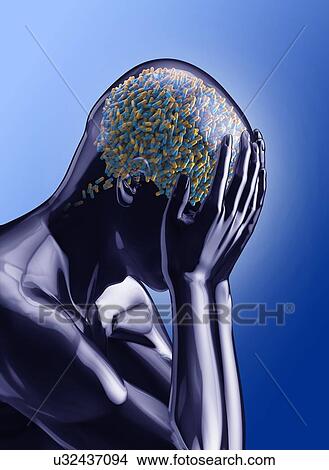 Picture - Figure with drug capsules in head, illustration.. Fotosearch