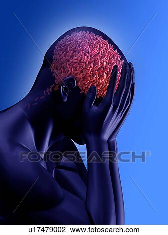 Stock Image - Figure with drug capsules in head, illustration.. Fotosearch