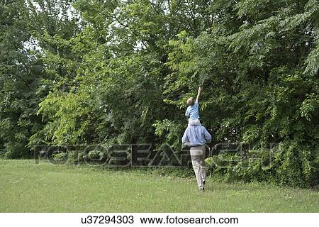 Grandfather carrying grandson on his shoulders by trees. View Large Photo Image Stock Image - Grandfather carrying grandson on his shoulders by trees.. Fotosearch