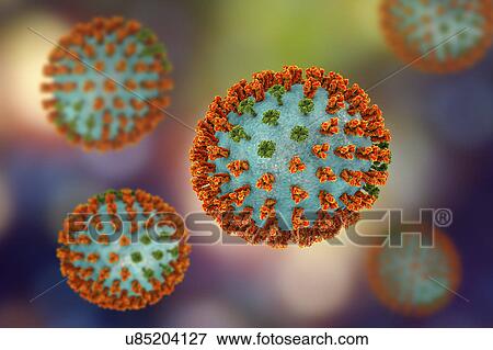 Stock Photo - Influenza virus H3N2 strain. 3D illustration showing surface glycoprotein spikes hemagglutinin (orange) and neuraminidase (green) on an influenza (flu) virus particle. Haemagglutinin plays a role in attachment of the virus to human respiratory cells..... Fotosearch