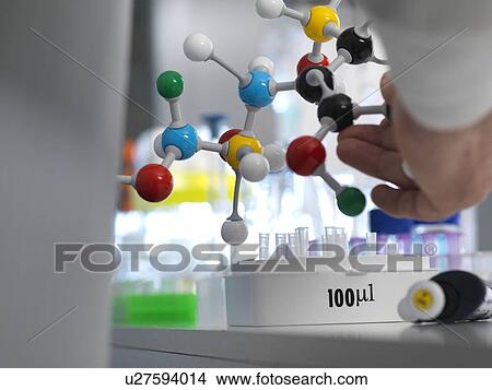 MODEL RELEASED. Chemistry research. Researcher designing a chemical formula using a molecular model in the lab. View Large Photo Image Picture - MODEL RELEASED. Chemistry research. Researcher designing a chemical formula using a molecular model in the lab.. Fotosearch