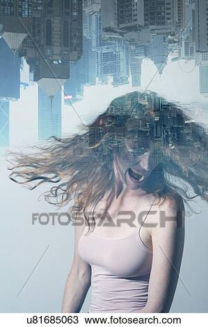 MODEL RELEASED. Composite image of screaming woman with urban stress against city background. View Large Photo Image Stock Image - MODEL RELEASED. Composite image of screaming woman with urban stress against city background.. Fotosearch