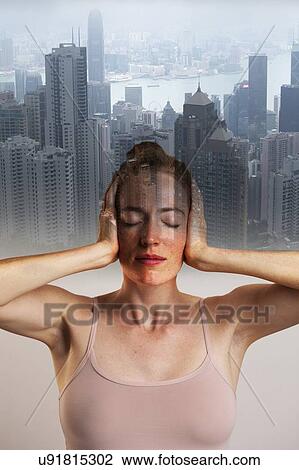 MODEL RELEASED. Conceptual composite image of woman covering ears with e1 closed against backdrop of city. View Large Photo Image Stock Image - MODEL RELEASED. Conceptual composite image of woman covering ears with e1 closed against backdrop of city.. Fotosearch