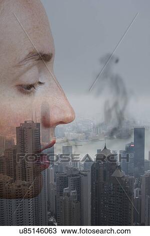 MODEL RELEASED. Conceptual image, profile of female face with smoke and city. View Large Photo Image Stock Image - MODEL RELEASED. Conceptual image, profile of female face with smoke and city.. Fotosearch