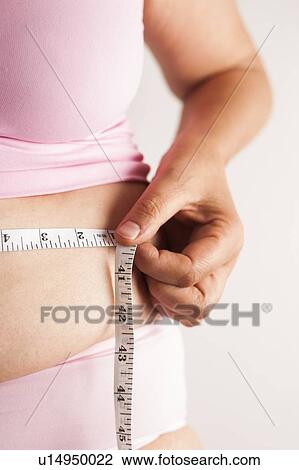 Stock Image - MODEL RELEASED. Woman measuring waist with tape measure.. Fotosearch