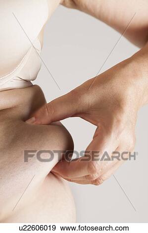 Stock Photo - MODEL RELEASED. Woman pinching flesh on her waist, close up.. Fotosearch