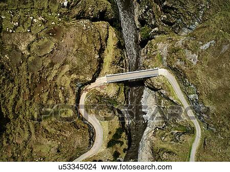 Picture - Aerial view of bridge crossing river, Huinchiri, Cusco, Peru. Fotosearch