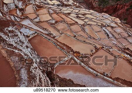 Stock Image - Aerial view of salt terraces, Maras, Cusco, Peru. Fotosearch