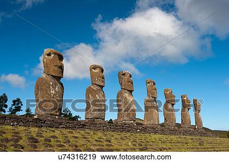 Stock Photo - Ahu Akivi, row of seven moai statues on Easter Island. Fotosearch