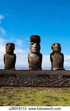 Stock Photography - Ahu Tongariki, three moai statues on Easter Island. Fotosearch