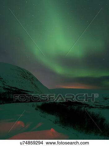 Picture - Aurora borealis over snow covered hills at night, Finnmark, Norway. Fotosearch