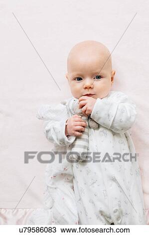 Baby girl lying on back holding soft toy looking at camera View Large Photo Image Stock Image - Baby girl lying on back holding soft toy looking at camera. Fotosearch