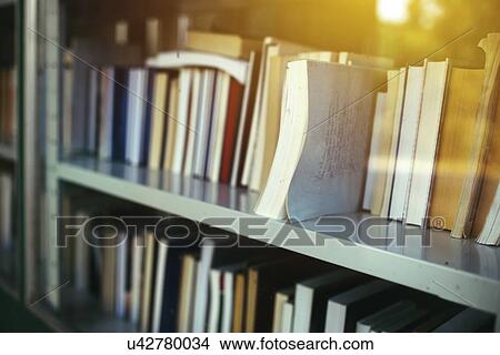 Picture - Books on library shelf through window.. Fotosearch