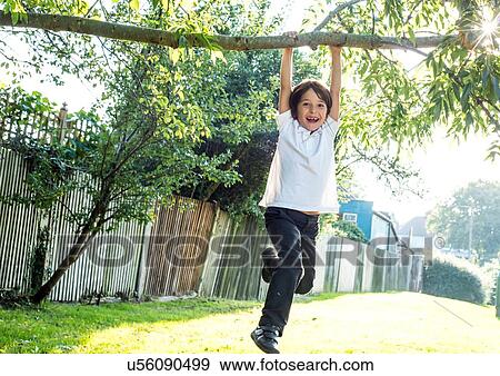 Stock Photo - Boy having fun swinging on tree branch. Fotosearch