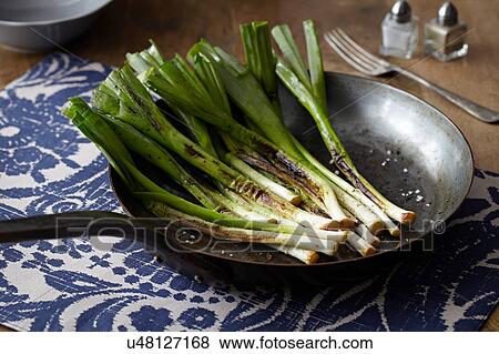 Caramelised baby leeks in frying pan View Large Photo Image Stock Photo - Caramelised baby leeks in frying pan. Fotosearch