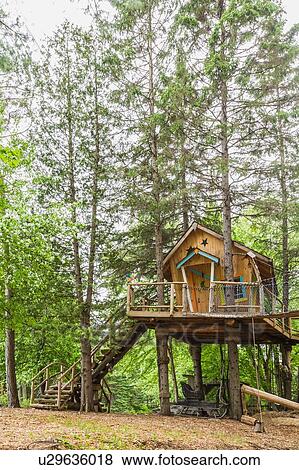 Stock Photo - Children's playground and tree house, in residential garden, Quebec, Canada. Fotosearch